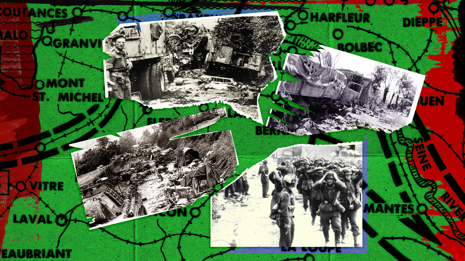 A photo illustration of images and a map from the invasion of Normandy and battles from the Couloir de la Mort.