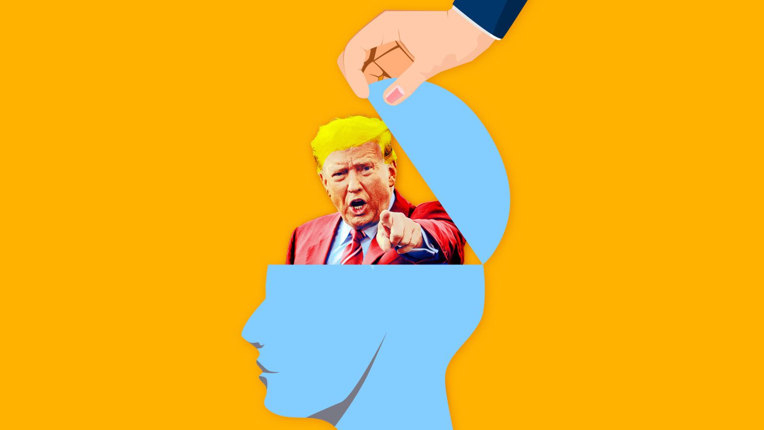 A photo illustration of Donald Trump inside a person's head.