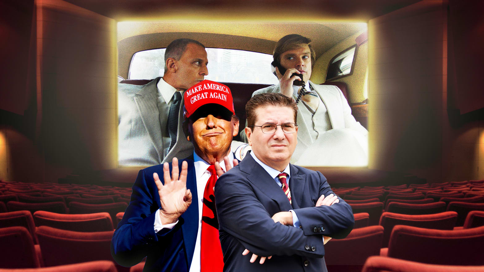 A photo illustration of Donald Trump, Dan Snyder, and The Apprentice film in a movie theater.