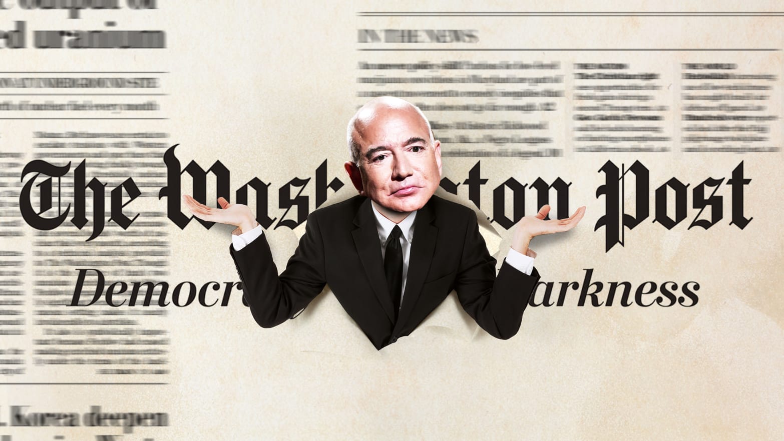 A photo illustration of Jeff Bezos bursting through the Washington Post logo