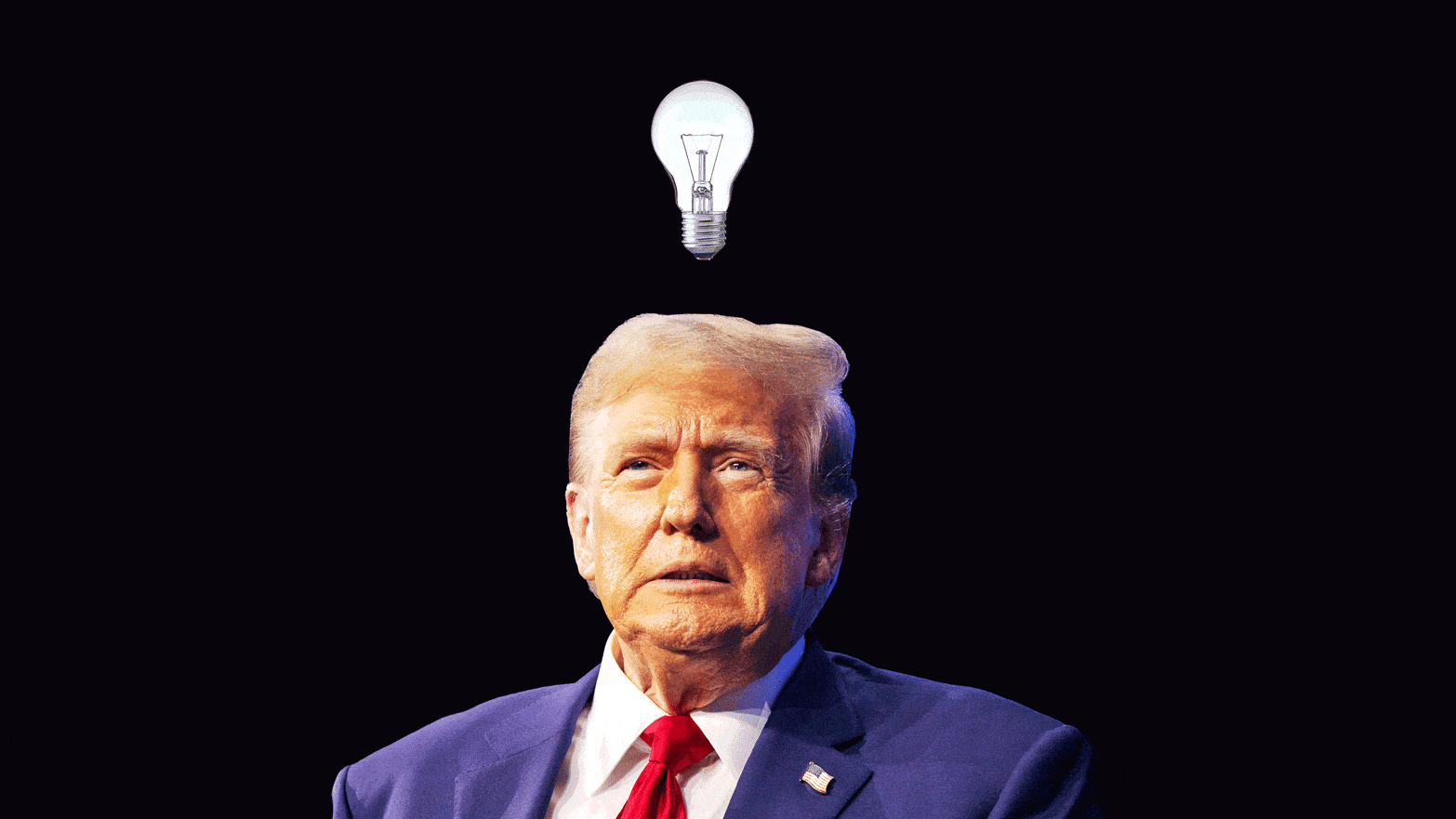 A photo illustration of Donald Trump with a light bulb flickering above