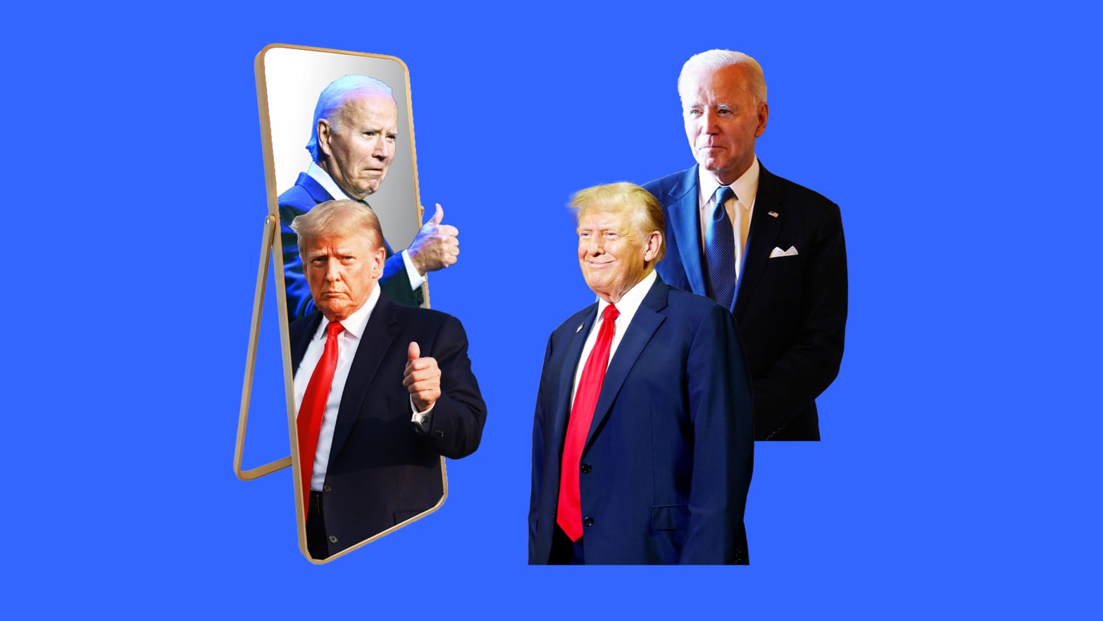 A photo illustration of Donald Trump and Joe Biden looking in a mirror