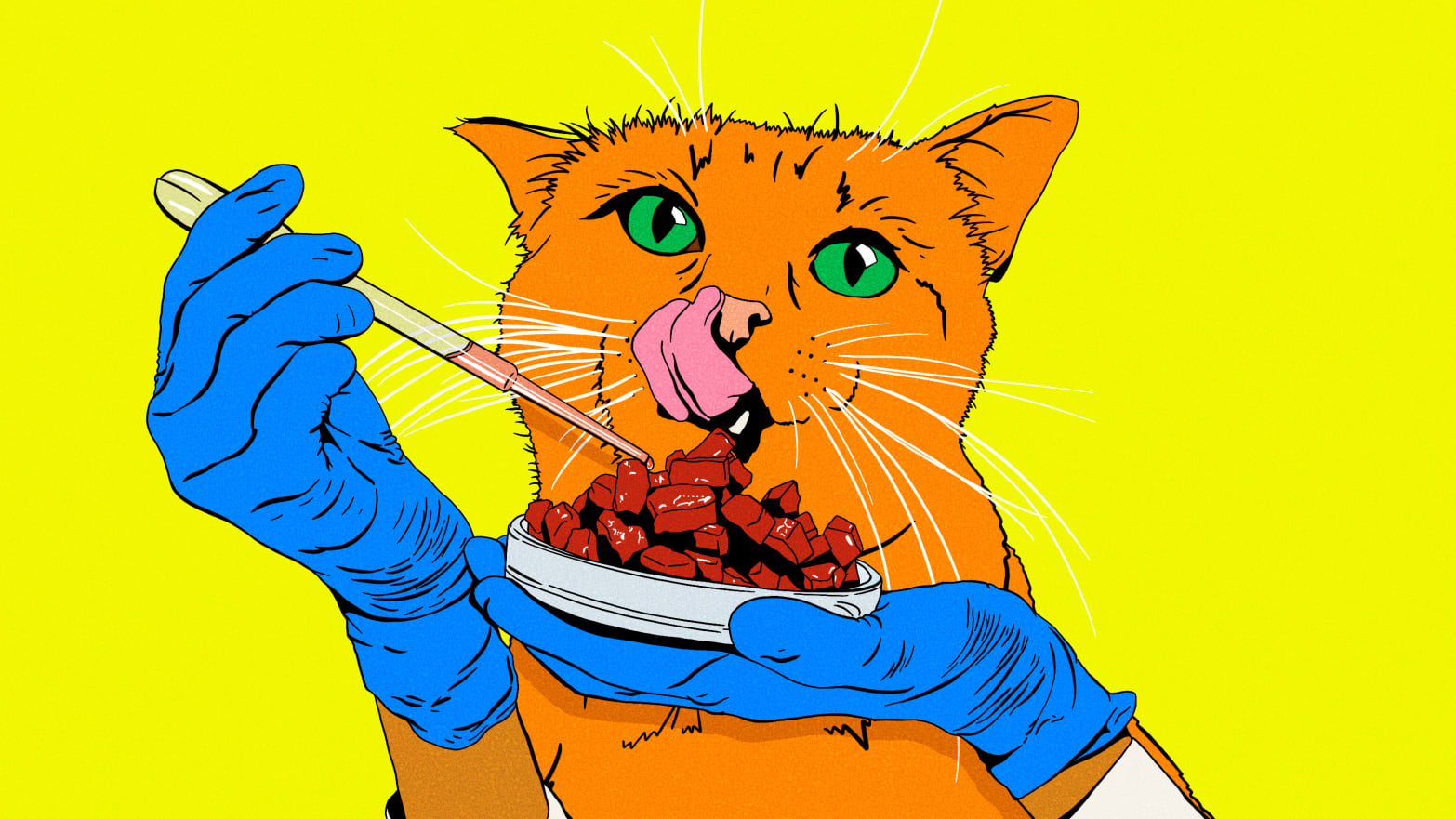 Illustration of a cat looking at lab grown meat