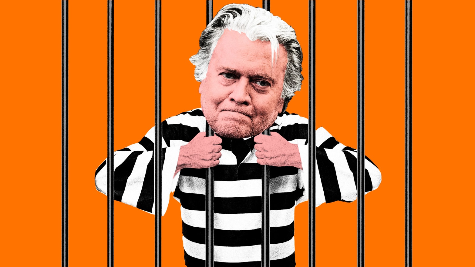 Photo illustration of Steve Bannon behind bars in a striped prison outfit