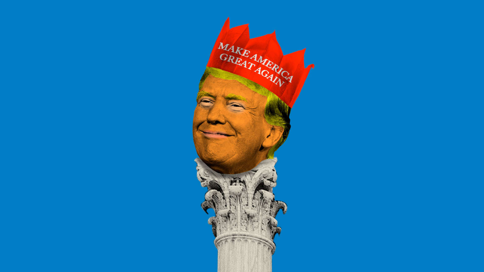 Photo illustration of Donald Trump wearing a MAGA crown on a corinthian column.