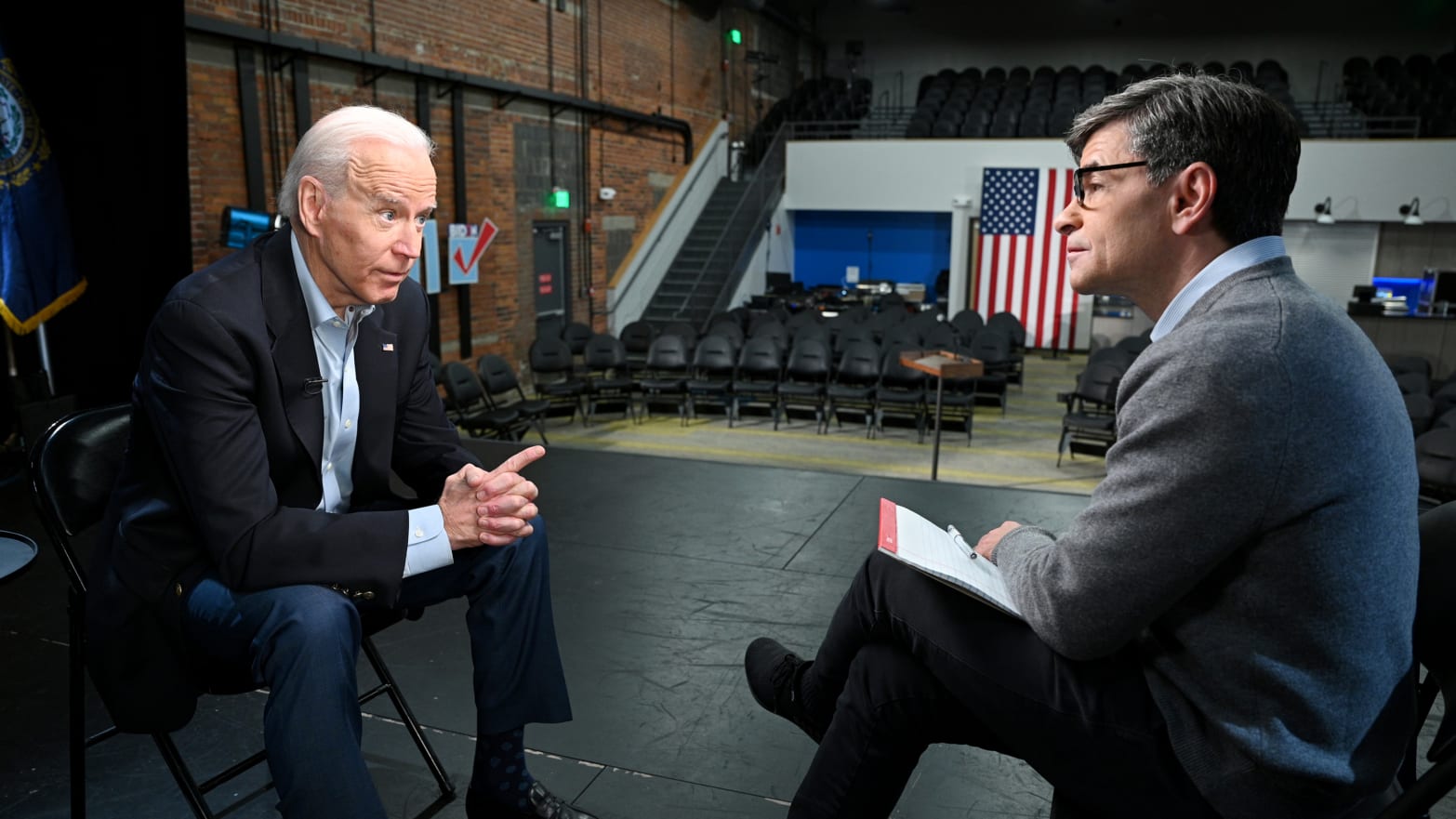 Joe Biden and George Stephanopoulos sitting for an interview.