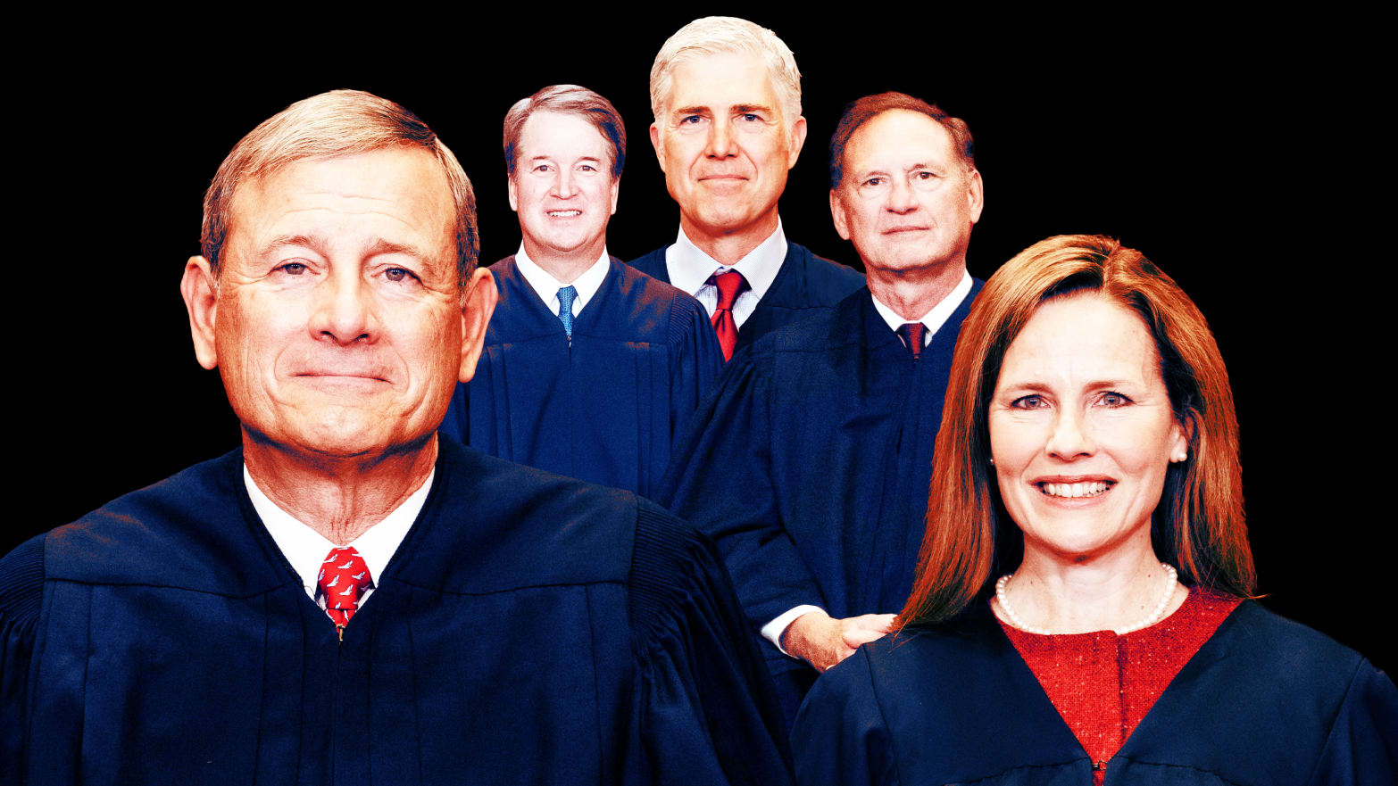 A photo illustration of Justices Roberts, Kavanaugh, Gorsuch, Alito, and Barrett.