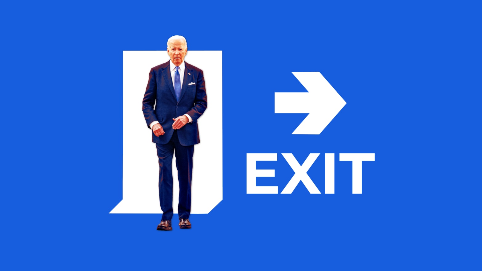 A photo illustration of President Biden and an Exit sign.