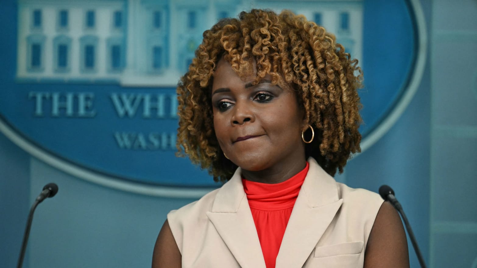 White House Press Secretary Karine Jean-Pierre listens during the daily briefing 