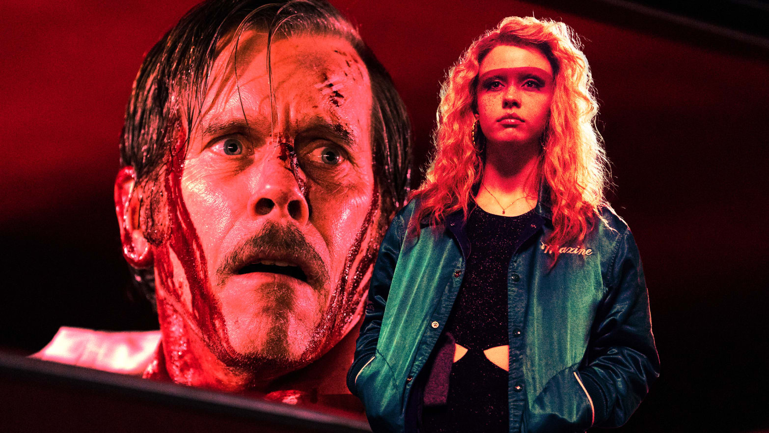 A photo illustration of Kevin Bacon and Mia Goth in MaXXXine.