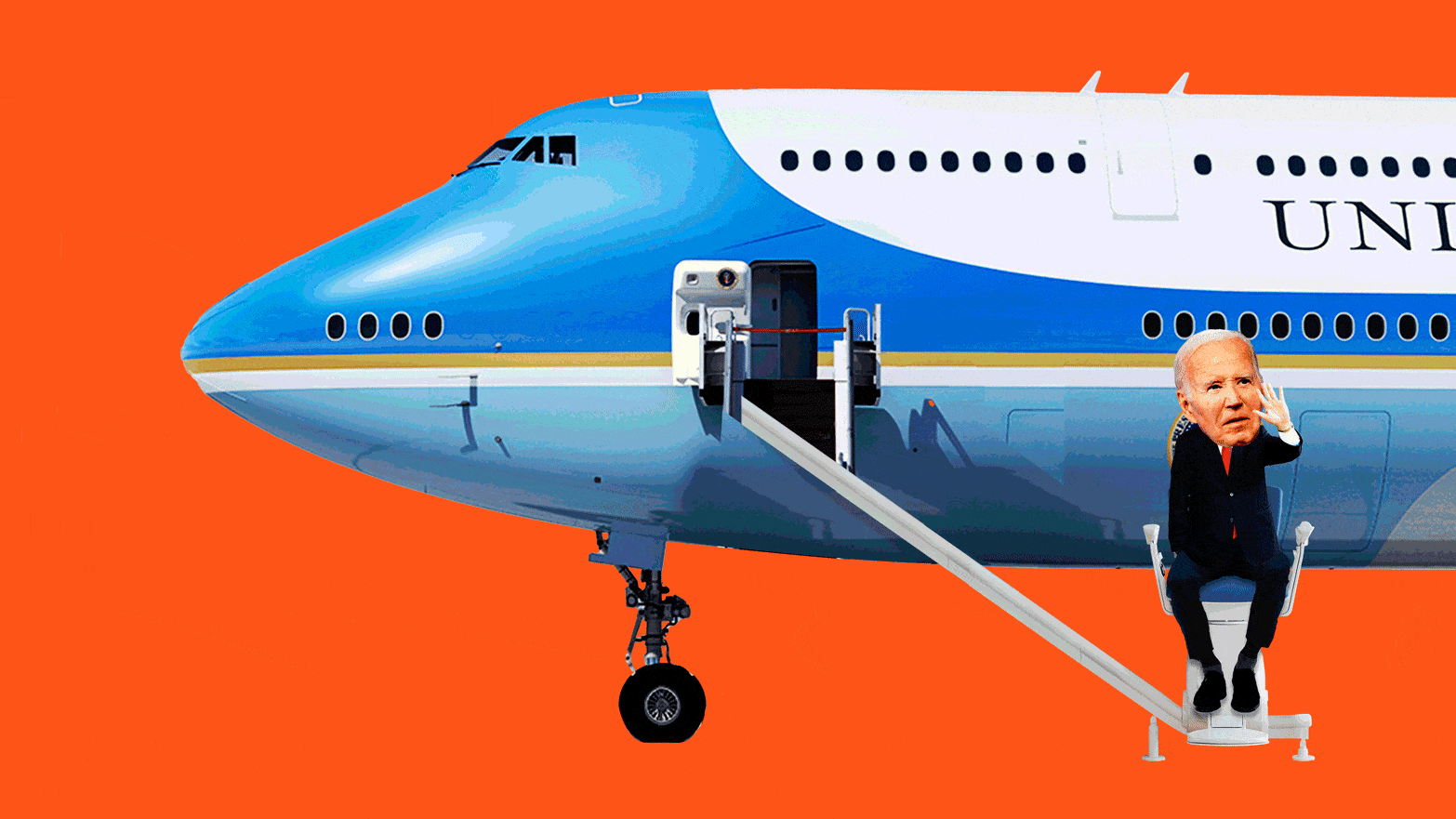 Photo illustration of Joe Biden in a stair elevator on Air Force One