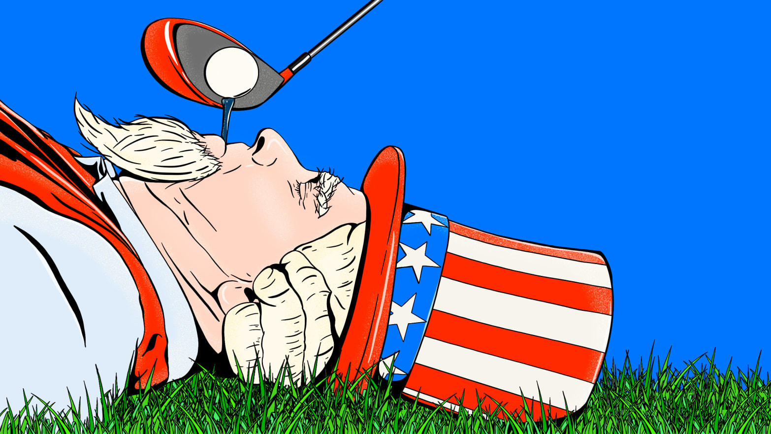 Illustration of Uncle Sam with a golf tee and ball in his mouth