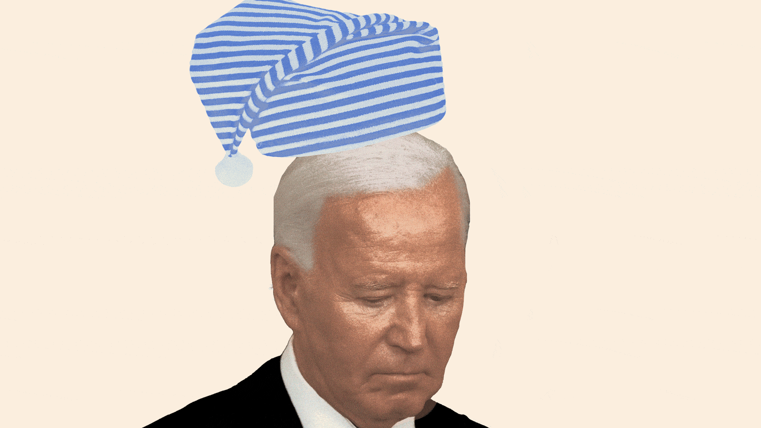 A horizontally striped blue nightcap descending on Joe Biden