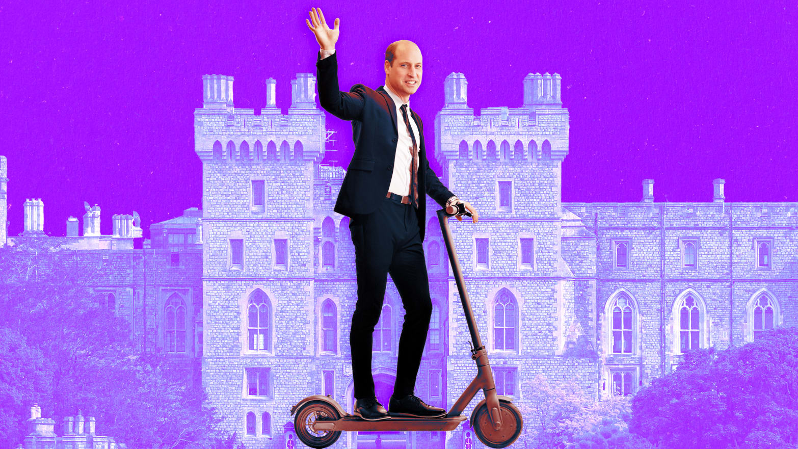 A photo illustration of Prince William on a scooter and Windsor Castle.