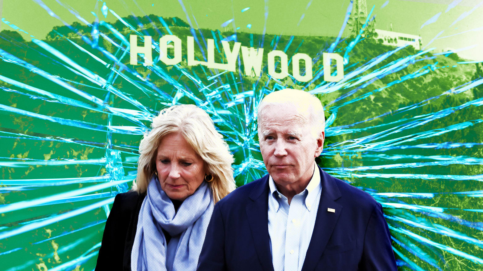 A photo illustration of Jill Biden, President Joe Biden, and the Hollywood sign.