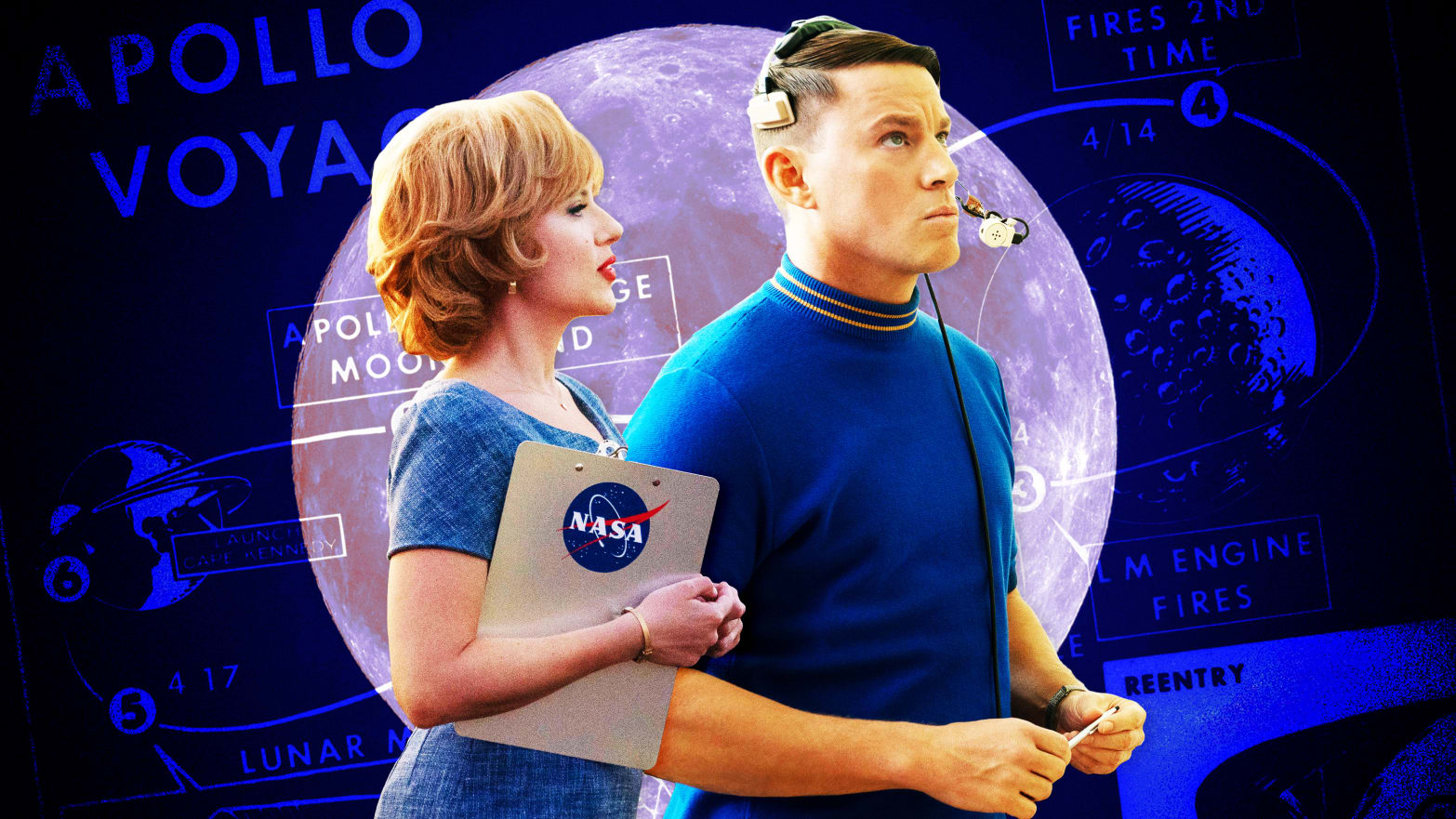 A photo illustration of Scarlett Johansson and Channing Tatum in “Fly Me to the Moon.”
