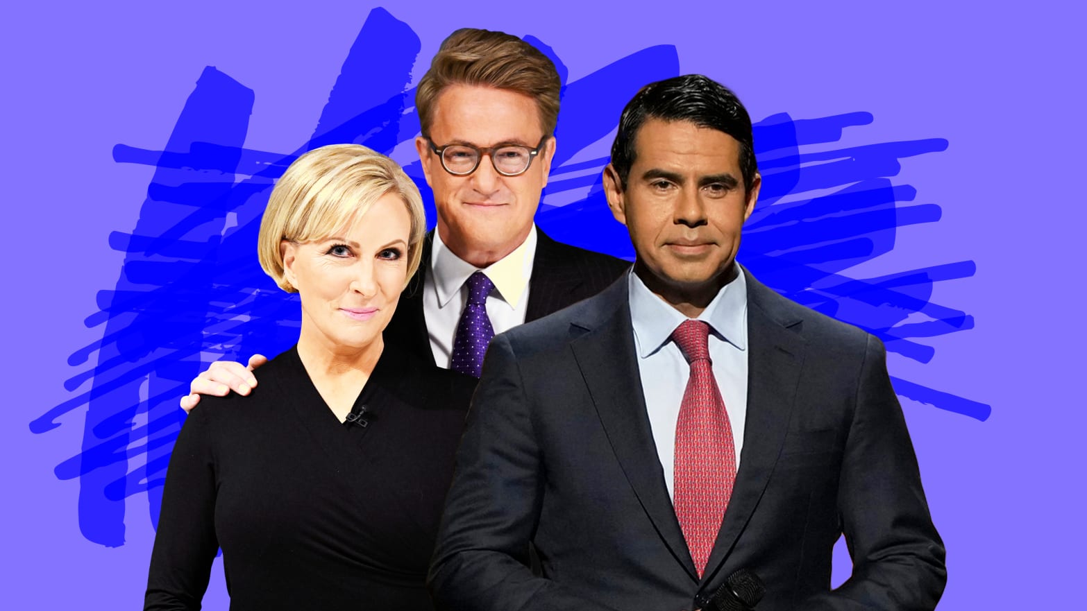 A photo illustration of Mika Brzezinski, Joe Scarborough, and Cesar Conde.