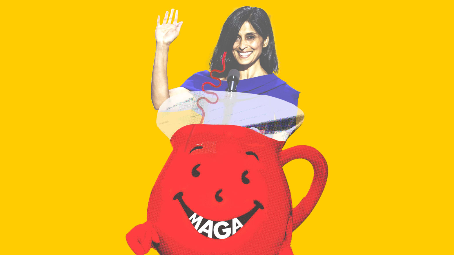 Photo illustration of Usha Vance on the Kool Aid man