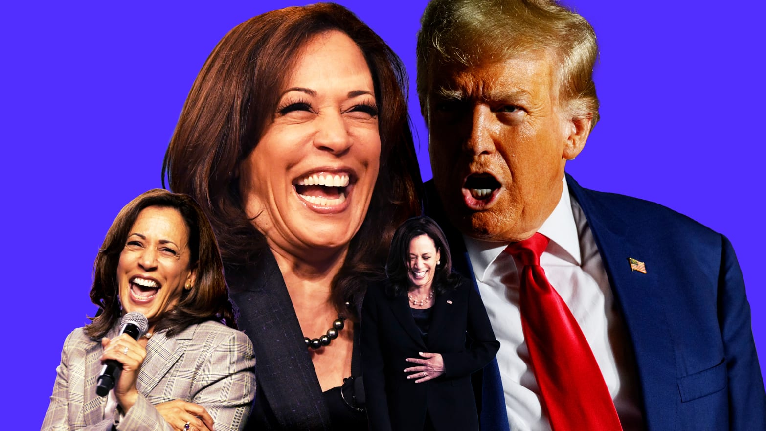 An illustration of Kamala Harris, laughing, and Donald Trump, unamused.