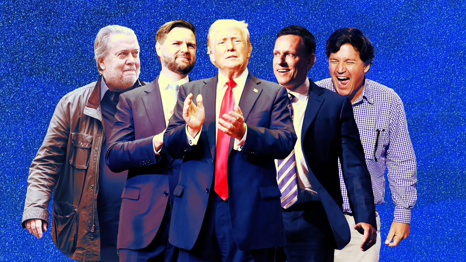 From left to right: Steve Bannon, J.D. Vance, Donald Trump, Peter Thiel, and Tucker Carlson