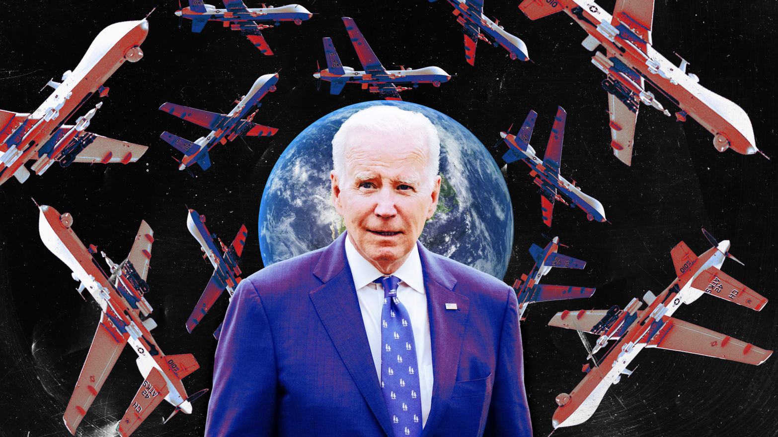 A photo illustration of President Biden and military drones circling Earth.