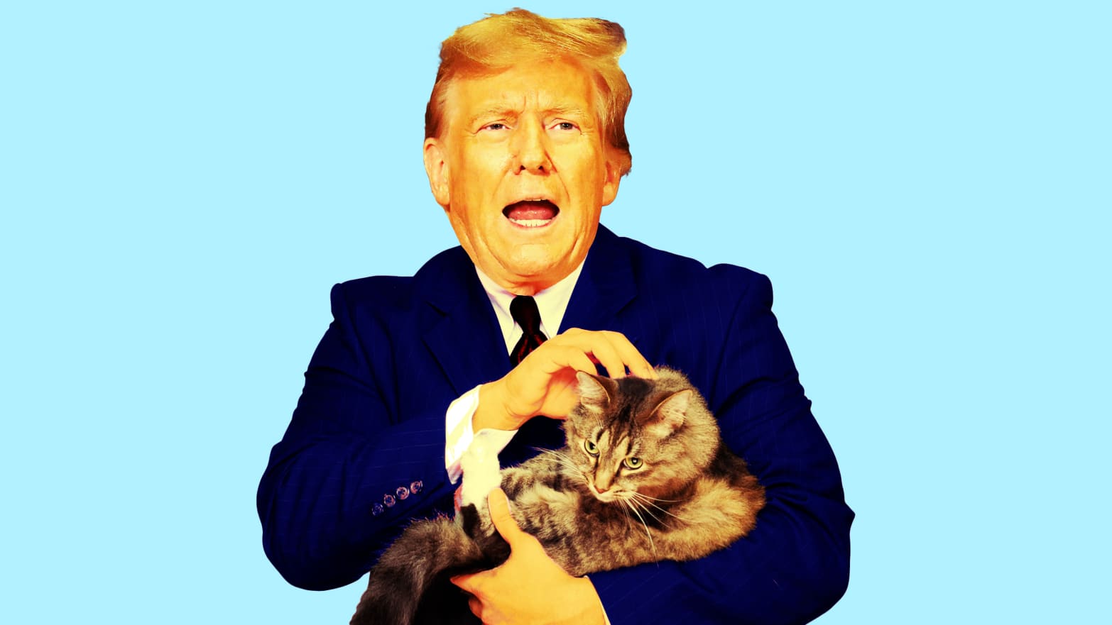 Photo illustration of Donald Trump holding a cat.