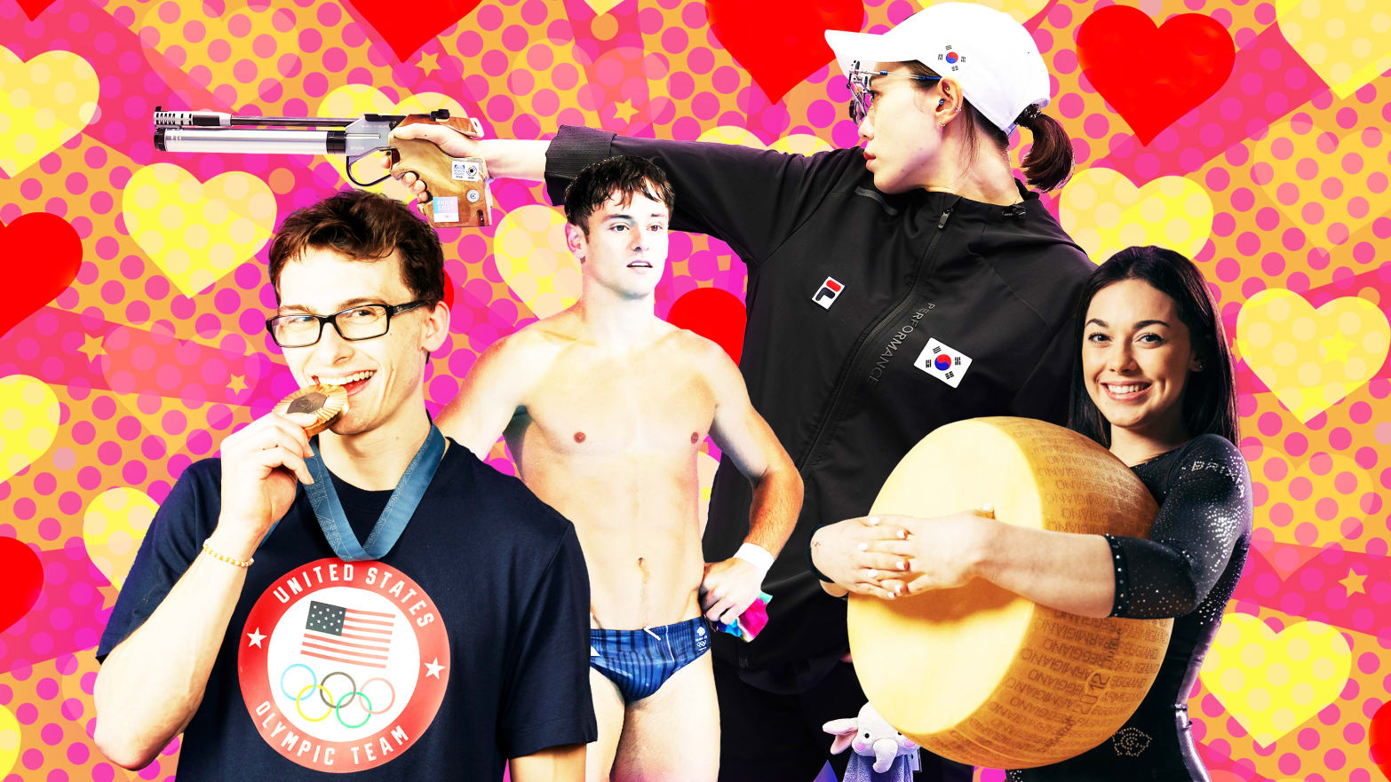 A photo illustration of Olympians Tom Daley, Giorgia Villa, Kim Yeji, and Stephen Nedoroscik.