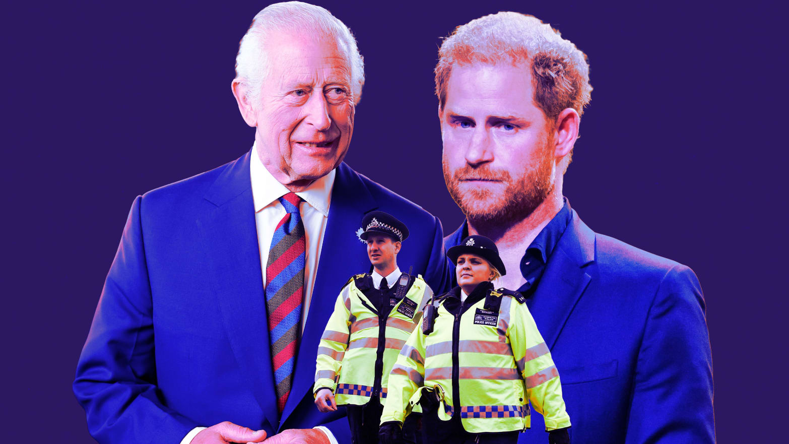 A photo illustration of King Charles and Prince Harry.