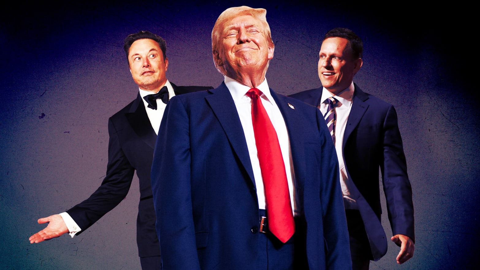  A photo illustration of Elon Musk, Donald Trump, and Peter Thiel.