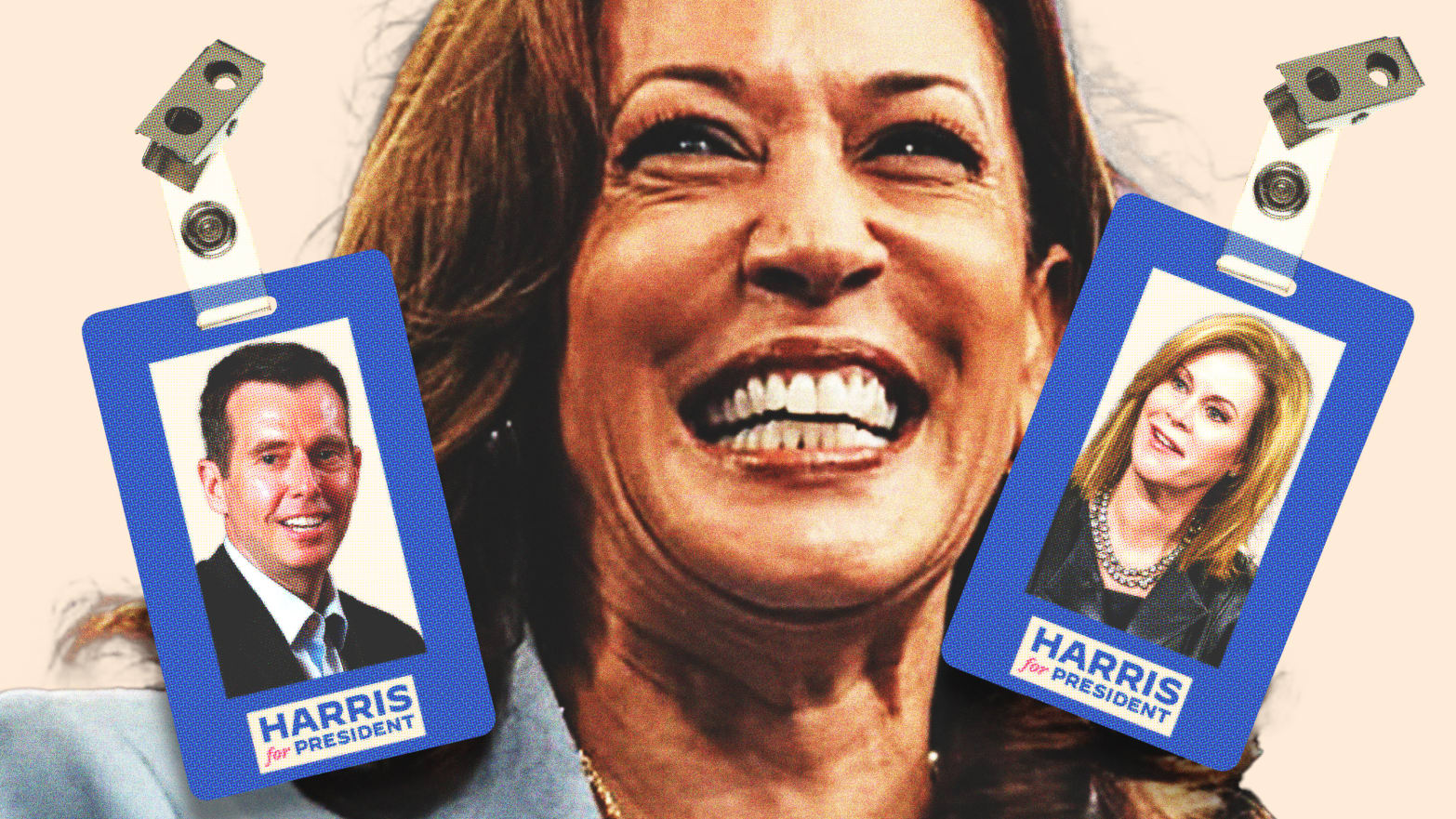 Photo illustration of Kamala Harris, David Plouffe and Stephanie Cuttter