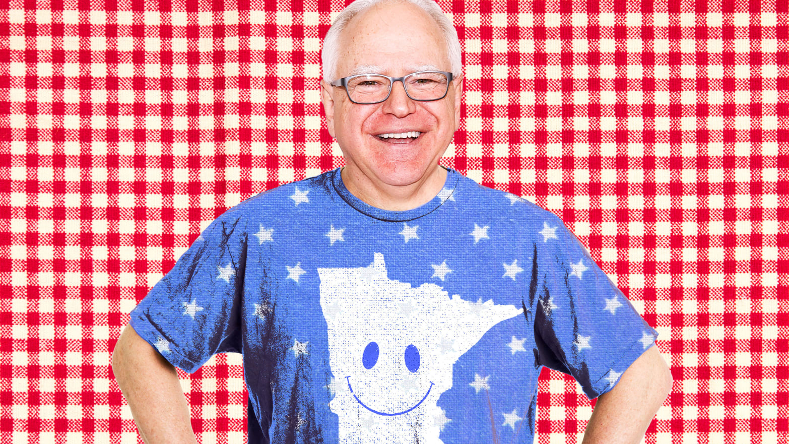 Tim Walz in a shirt with a smiley face on Minnesota