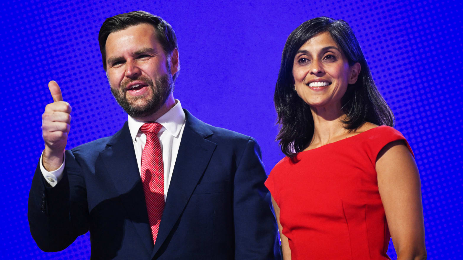 A photo illustration of US Senator from Ohio and 2024 Republican vice presidential candidate J.D. Vance and his wife Usha Vance.