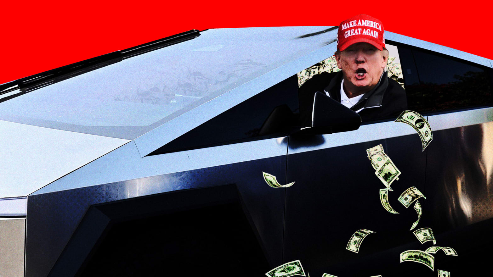  Donald Trump driving in a Tesla Cybertruck full of cash.