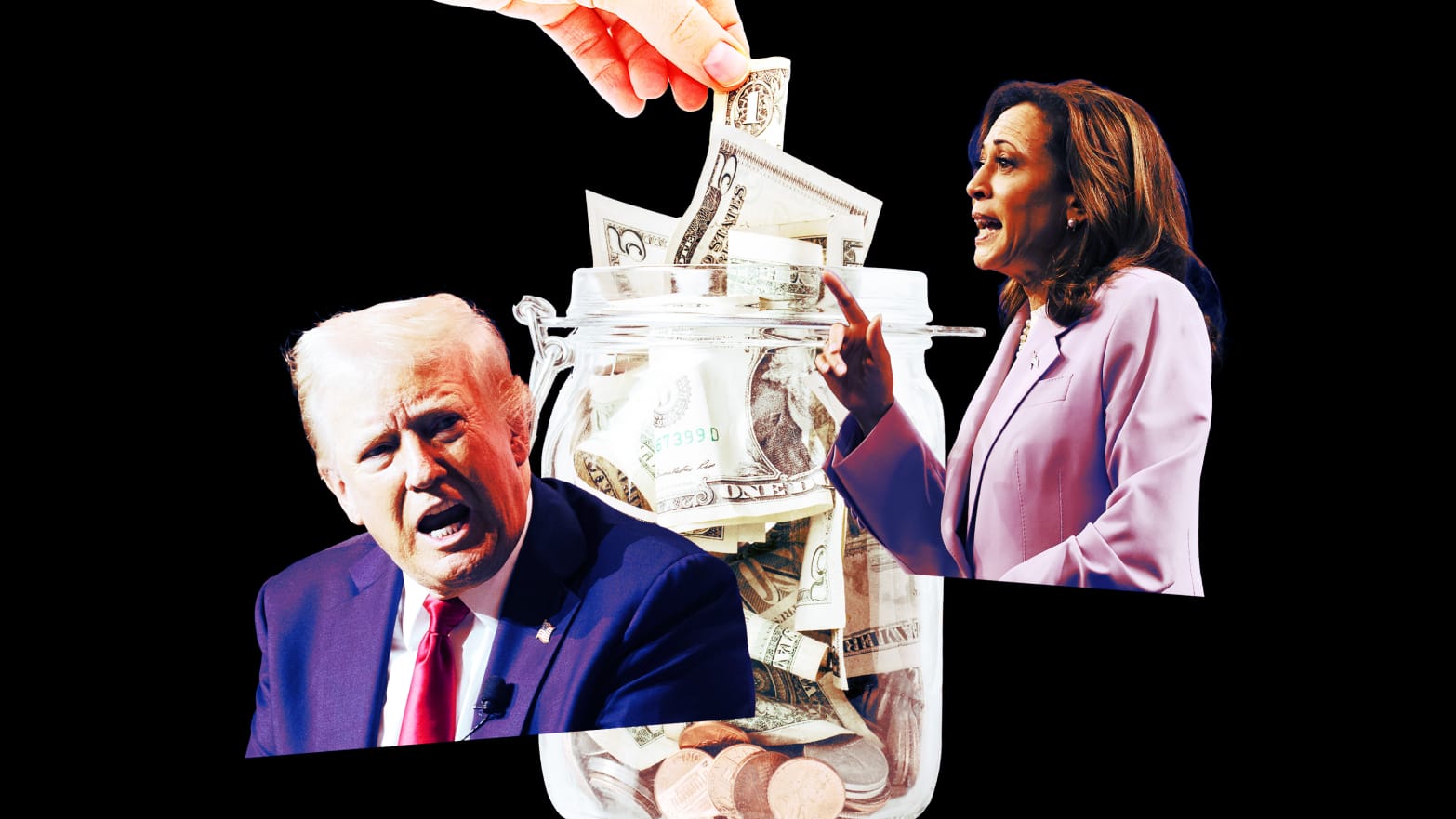 A photo illustration of a tip jar, Kamala Harris, and Donald trump.