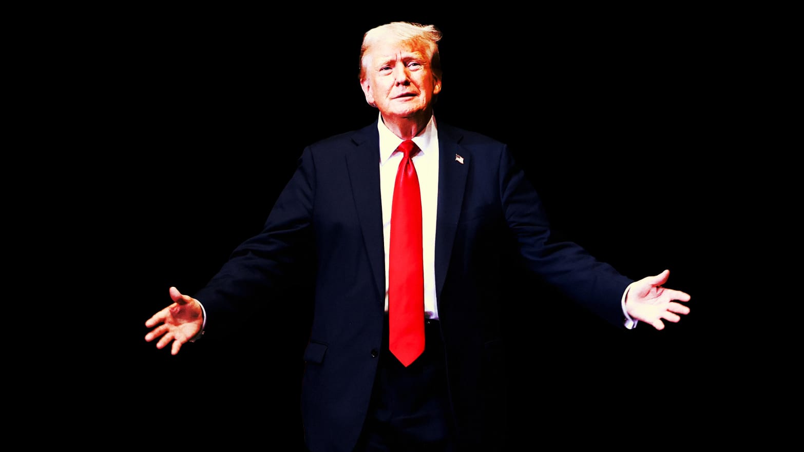 A photo illustration of Donald Trump with arms spread.