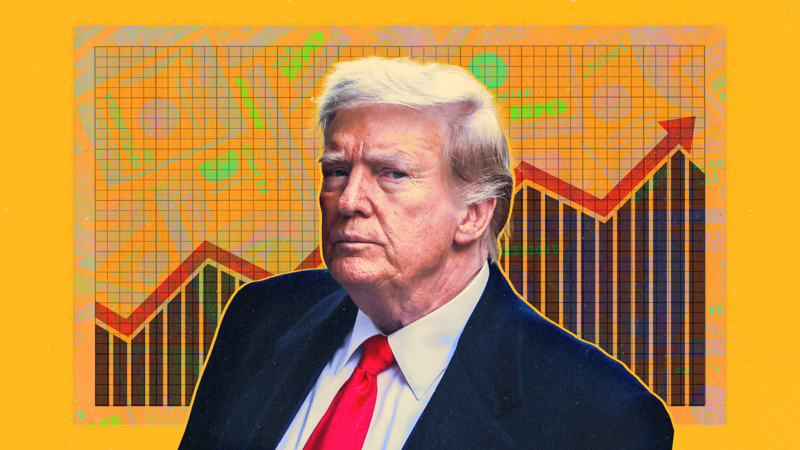 A photo illustration of Donald Trump, a graph, and money.