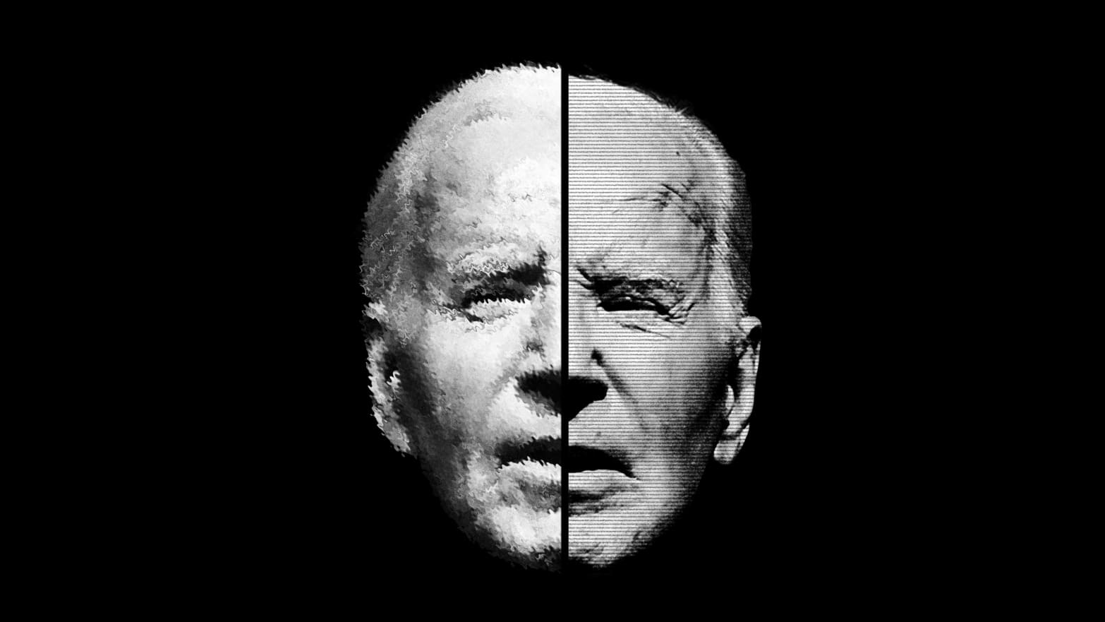 Photo illustration of Joe Biden with his face divided and filtered on a black background