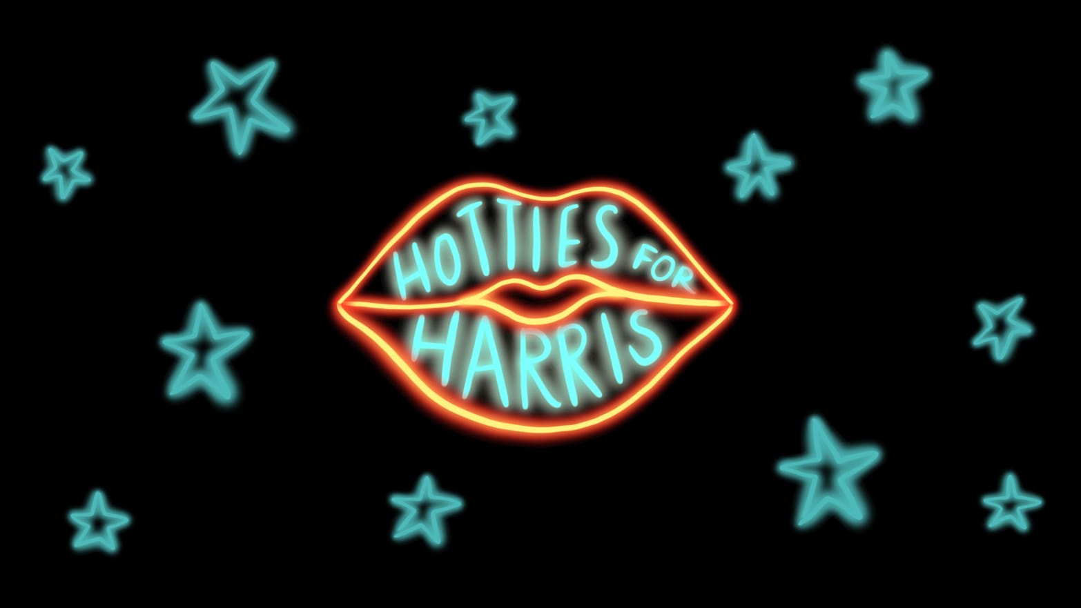 Illustration of a neon sign of lips with the words "Hotties for Harris" and stars in the background