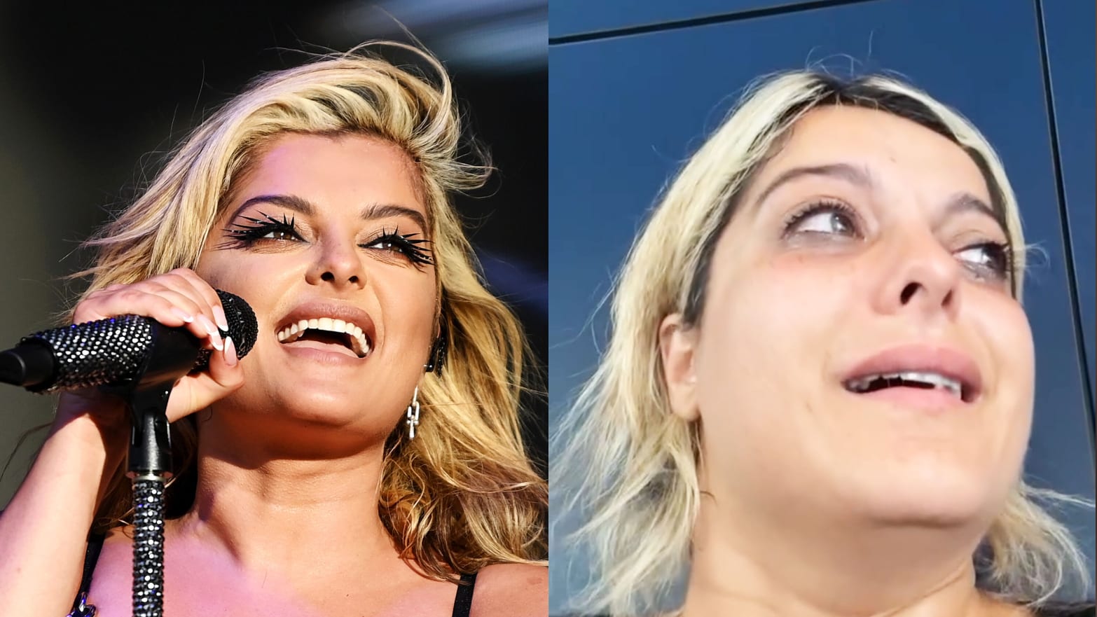 Bebe Rexha singing (on left) and Bebe Rexha crying in the Munich Airport after an alleged "hate crime"