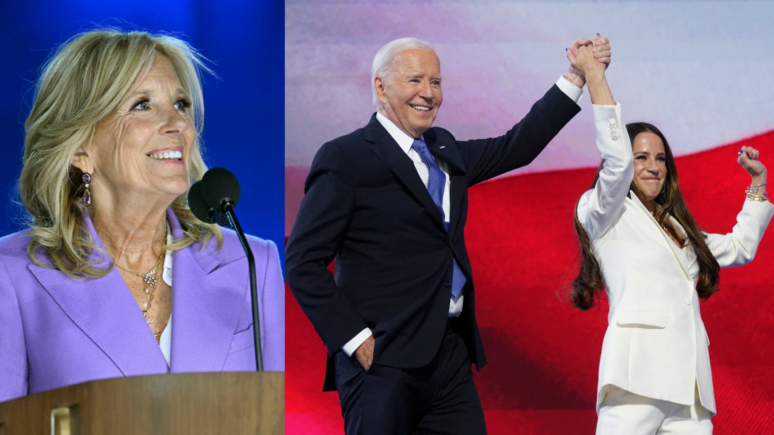 Split photos of Jill Biden smiling, and Joe Biden and daughter Ashley Biden.