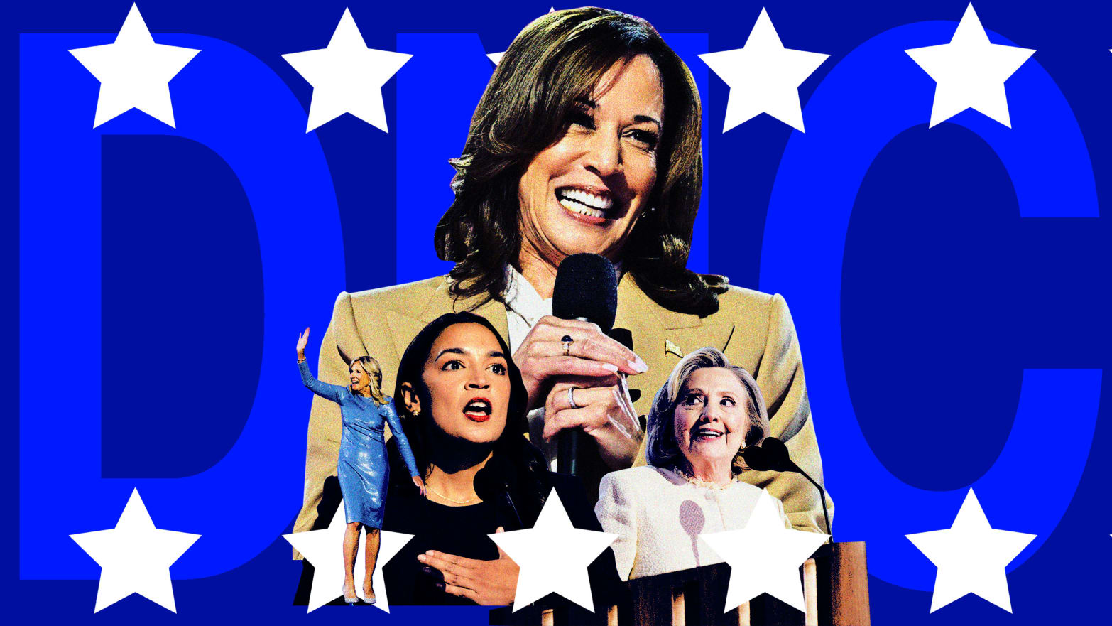 Kamala Harris, Alexandria-Ocasio Cortez, Jill Biden and Hilary Clinton at the DNC Day 1 on August 19, 2024.