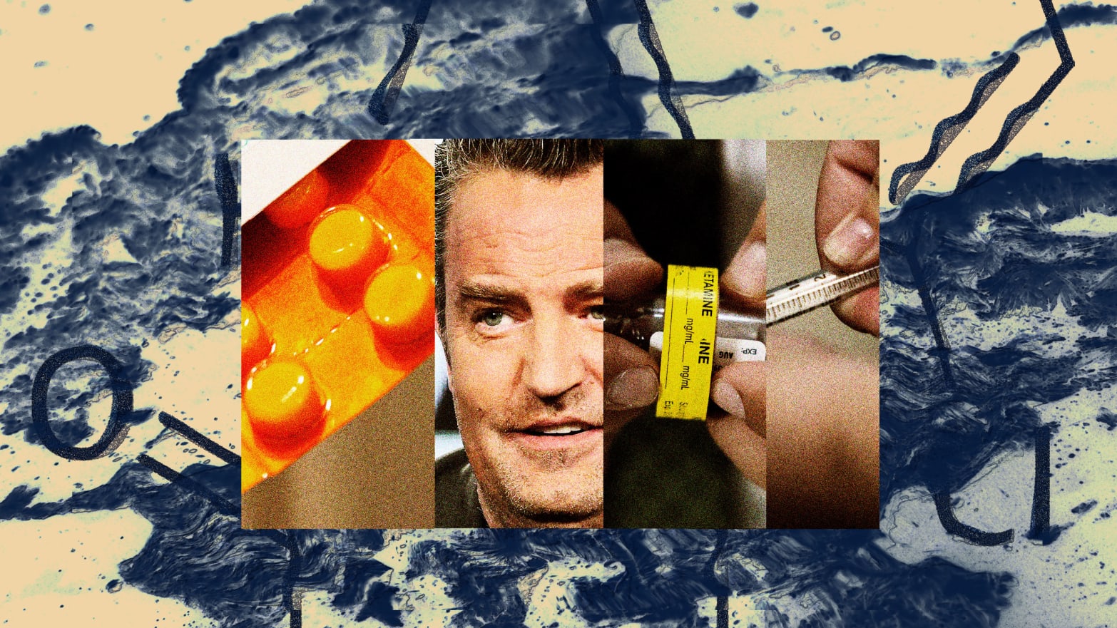 A photo illustration showing Matthew Perry, ketamine crystals and ketamine therapy drugs. 