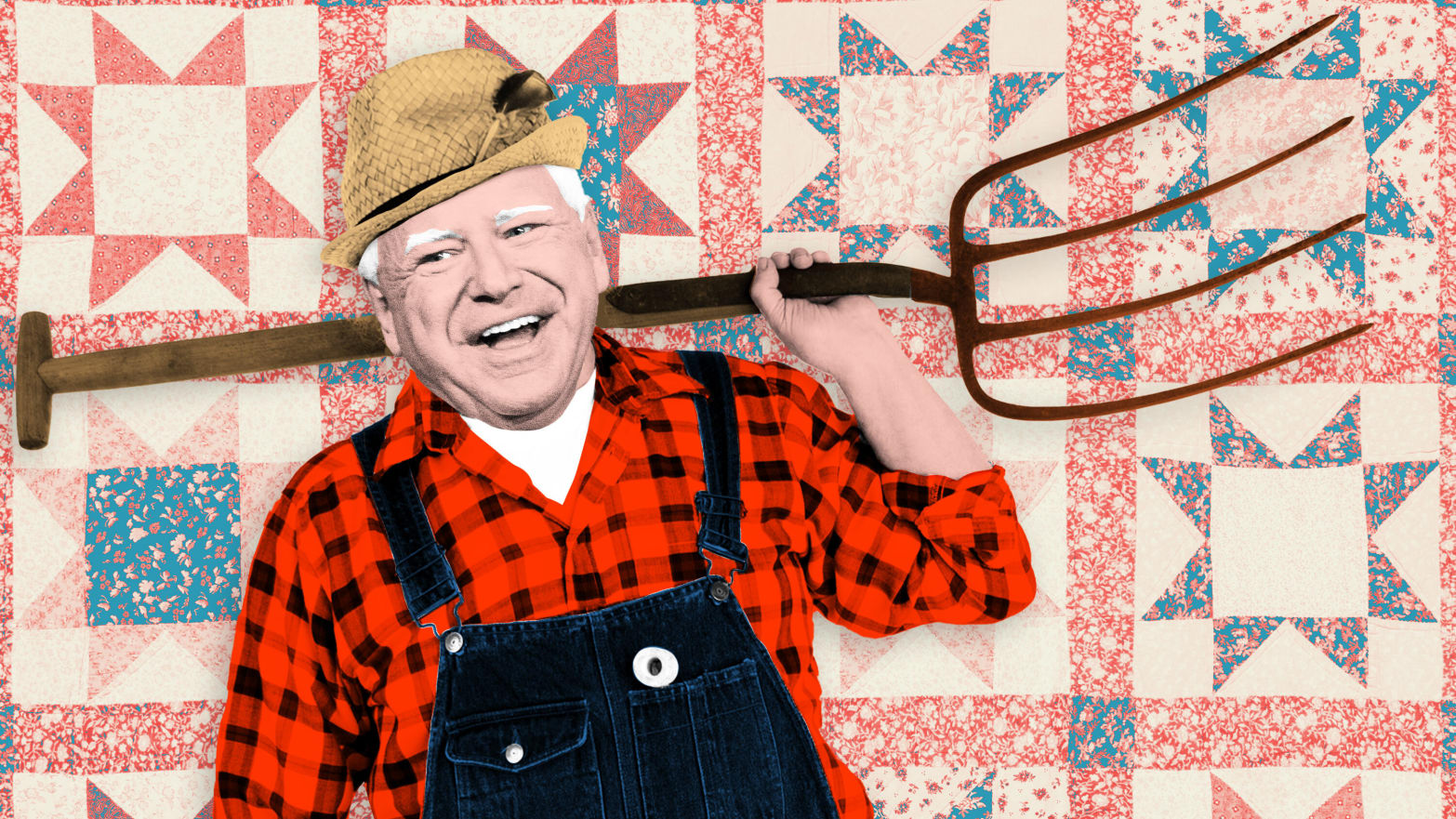 Photo illustration of Tim Walz in a flannel shirt and overalls and a straw hat holding a hoe on a quilt background.