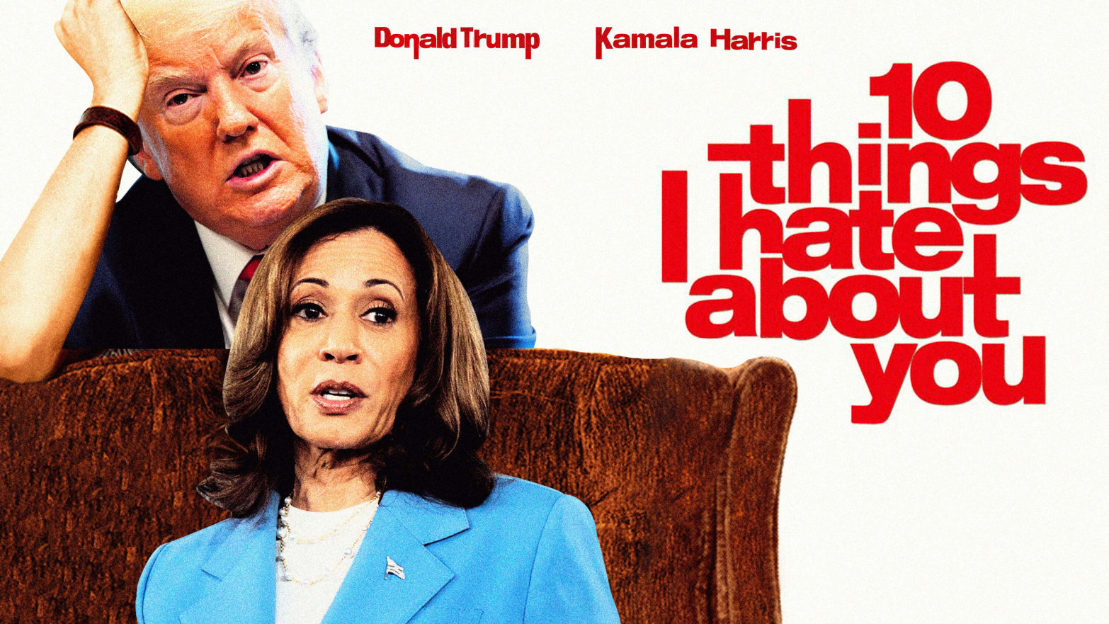 A photo illustration showing Donald Trump and Kamala Harris as the main characters in the 10 Things I Hate About You movie poster.