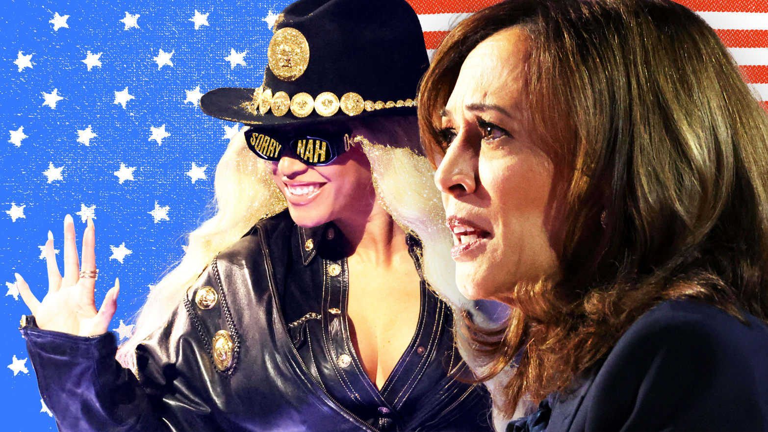 A photo illustration of Beyonce and Kamala Harris