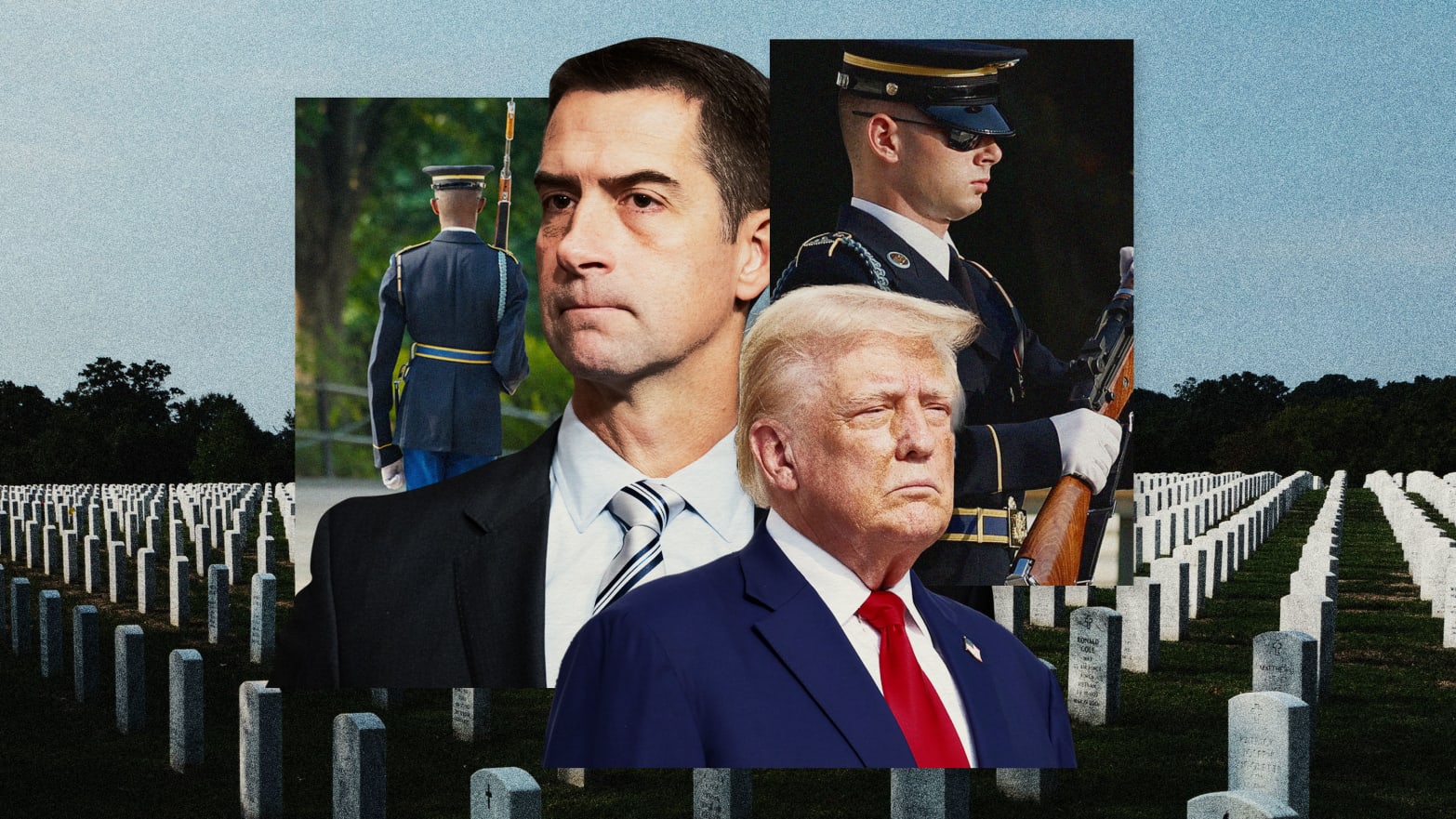 A photo illustration showing Tom Cotton, Donald Trump and military officials at Arlington National Cemetery.