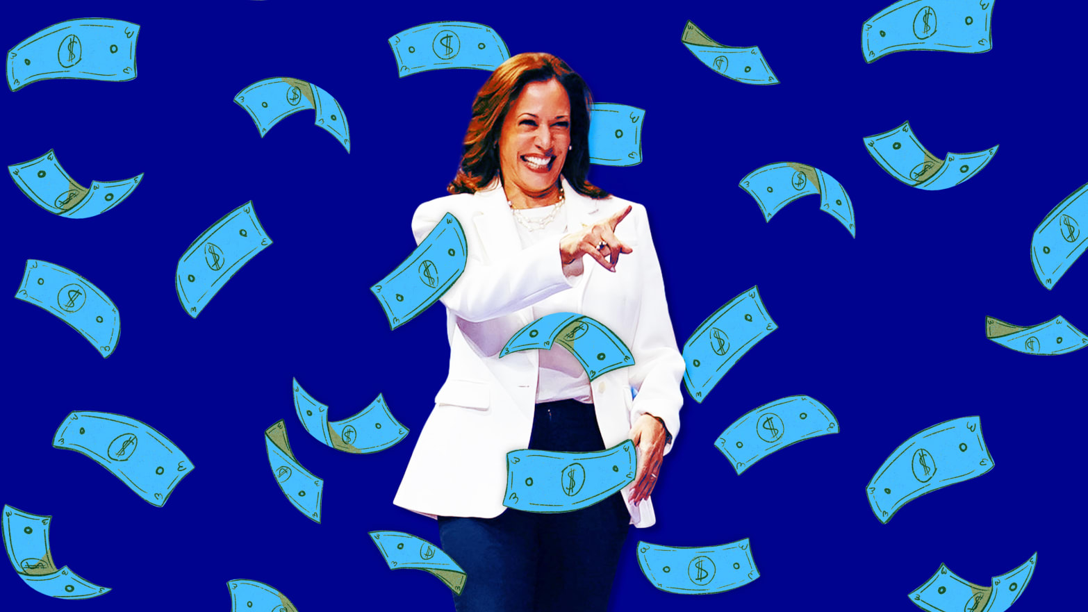 Vice President Kamala Harris surrounded by blue money bills