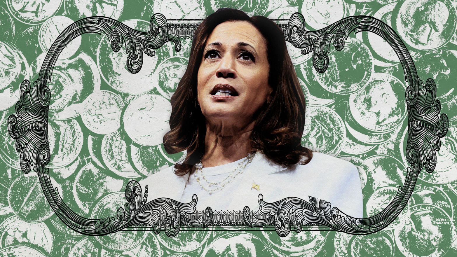 Photo illustration of Vice President Kamala Harris surrounded by money.