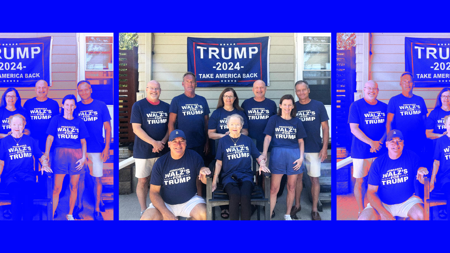 A photo of eight people wearing "Nebraska Walz's for Trump" t-shirts.