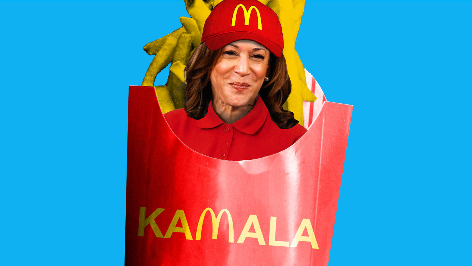 Photo illustration of Kamala Harris smiling amid McDonalds french fries.